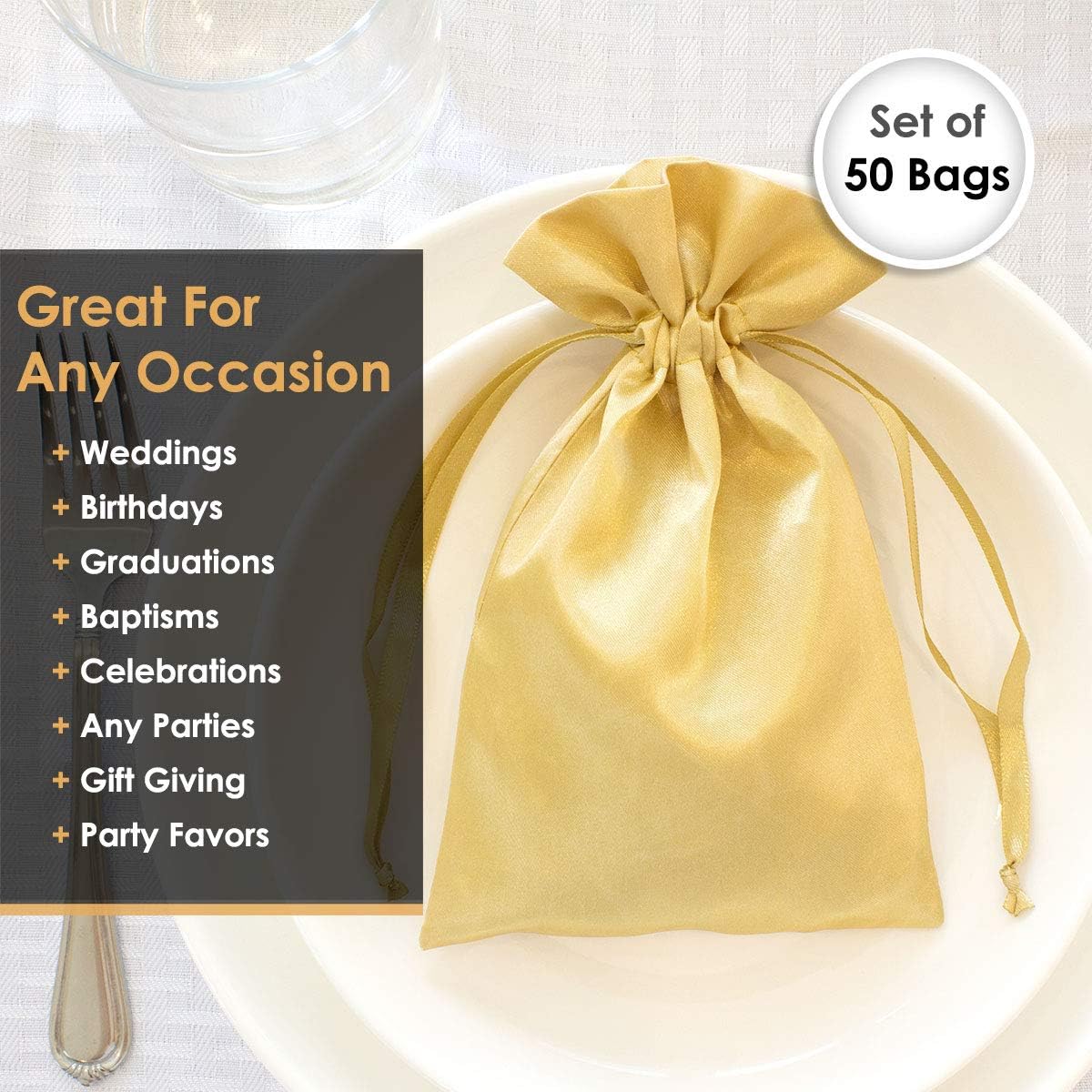 5" x 8" Gold Satin Gift Bags, Jewelry Bags, Wedding Favor Drawstring Baby Shower Christmas 50 per Pack