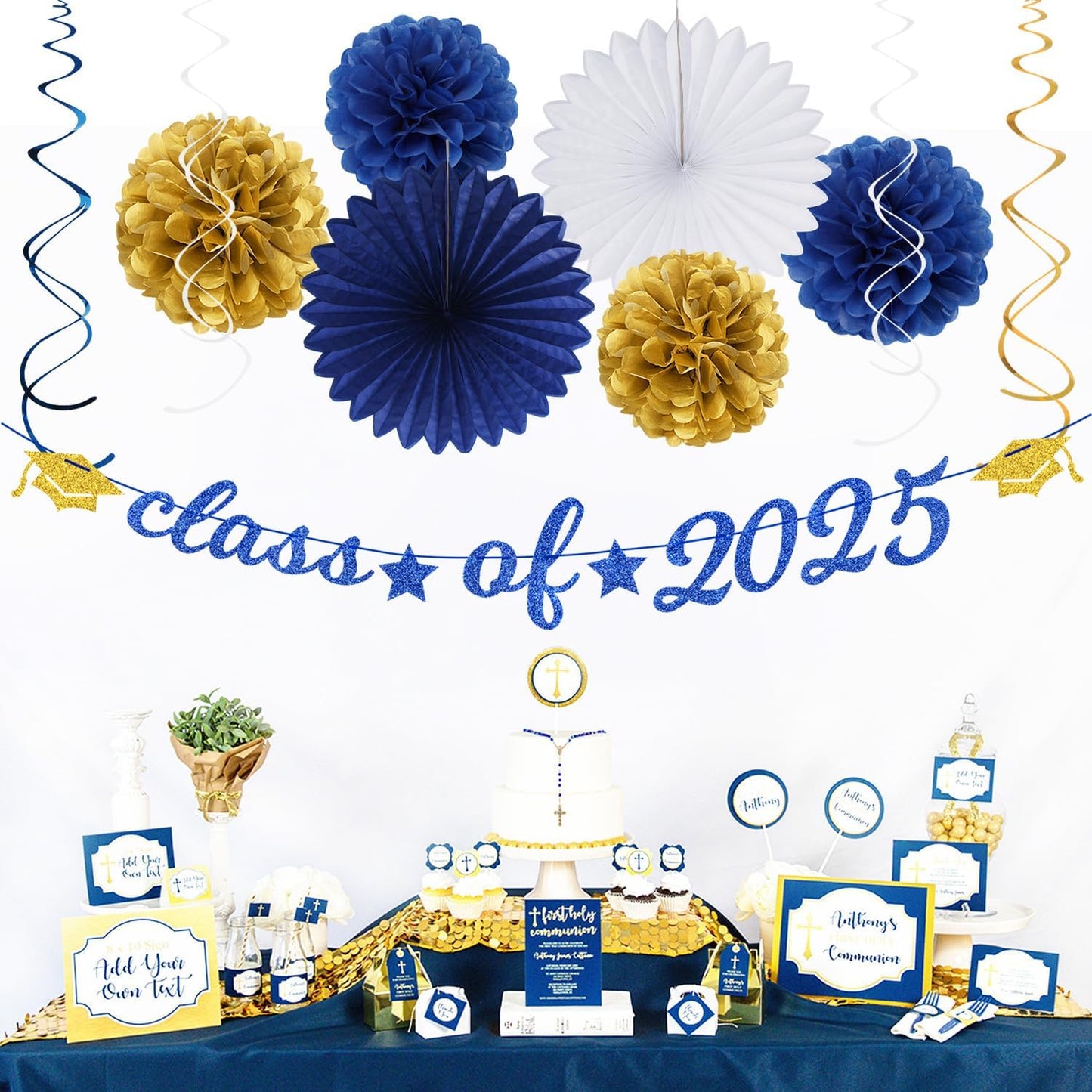 2025 Blue Class-Congratulations Prom Graduation Party-Decorations - 22pcs High School College Grad Supplies Decor, Royal Navy White Gold Tissue Pom Poms Streamers, Paper Flowers Lanterns Hugmoon