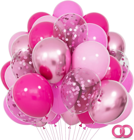 68Pcs Pink Balloons Kit 12 Inch Metallic Pink Balloon, Pink Confetti Balloon and Baby Pink Party Balloons with Ribbons for Birthday, Wedding, Baby Shower, Graduation Decorations.