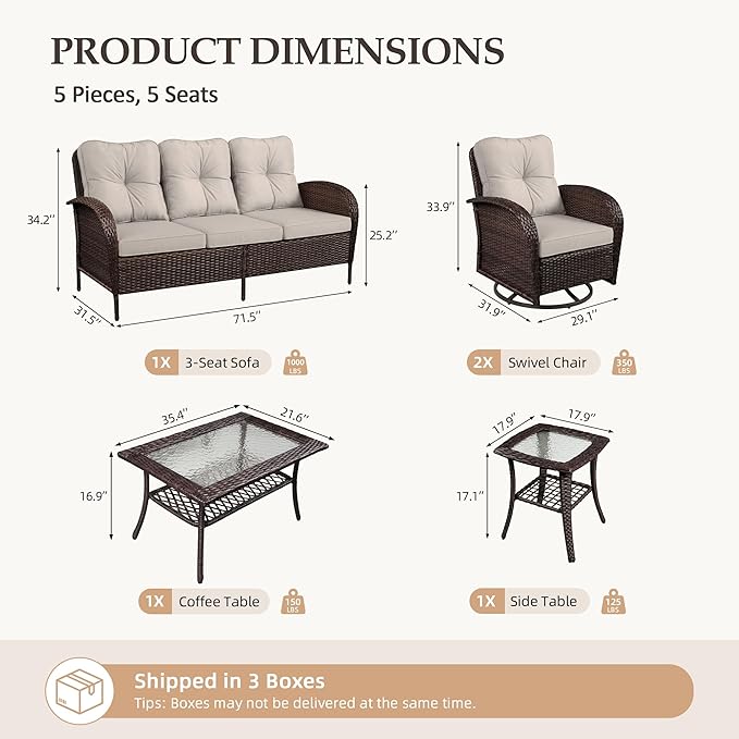 UPHA 5 Pieces Patio Furniture Sets, Wicker Outdoor 3-Seat Sofa Set - Image 2