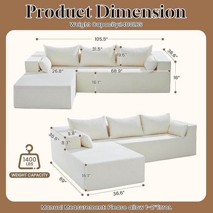106" Cloud Sectional Boneless Couches - Image 2