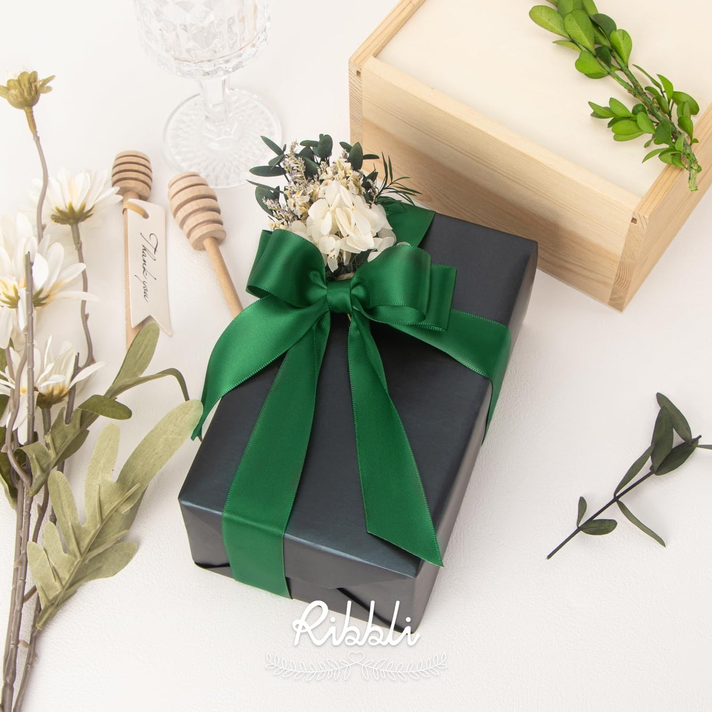 Ribbli Forest Green Double Faced Satin Ribbon,1” x Continuous 25 Yards,Use for Craft Bows Bouquet, Gift Wrapping, Wedding Decoration, Floral Arrangement