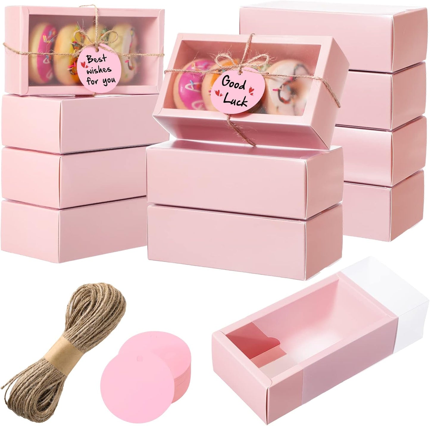 Roowest 50 Sets Kraft Soap Boxes Rectangle Packaging Box with Window Homemade Gift Box with Blank Tags and Jute String for Jewelry Candy Wrapping Party Favor(6.3 x 3.5 x 2 Inch,Pink)