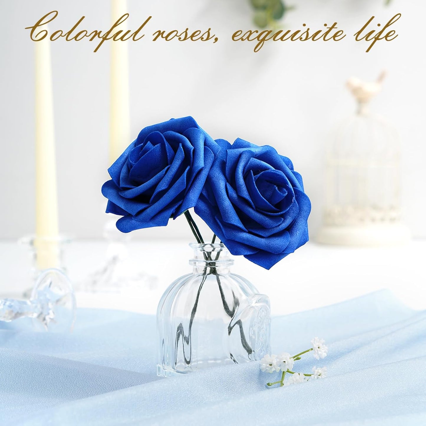 BLEUM CADE 16Pcs Artificial Flowers Fake Roses with Stems, Royal Blue Boxed Foam Roses for DIY Bouquets Centerpieces Wedding Party Arrangement Bridal Shower Decor