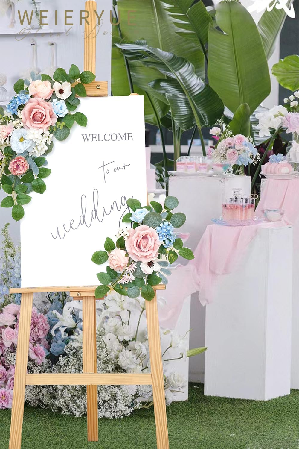 WEIERYUE(Pack of 2 Artificial Flowers Decorations,Artificial Arch Backdrop Garlandfor Ceremony Party Reception Entrance Welcome Easel Door Floral Decor Wall Home Entryway Outdoor (Soft Blue Powder)