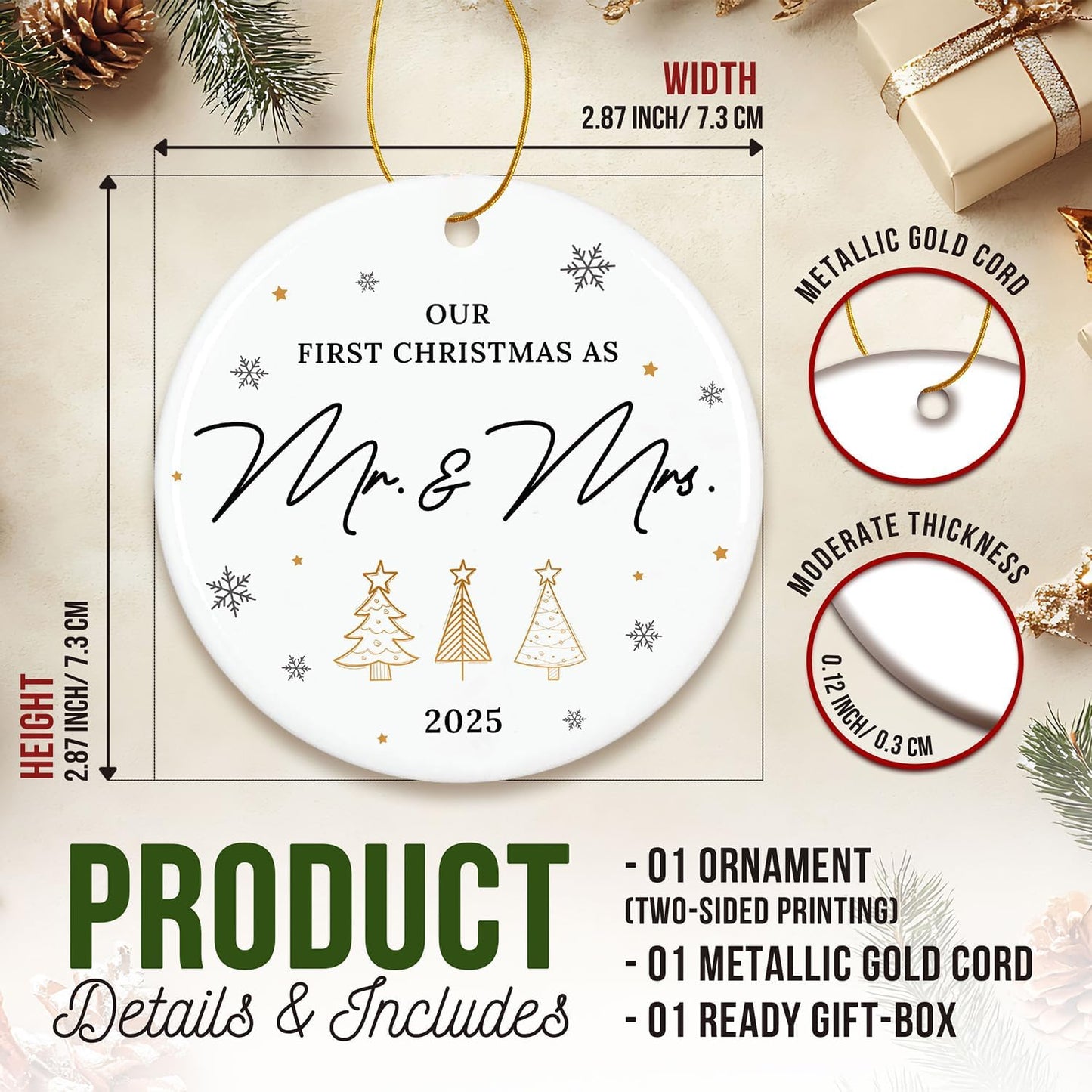 ZAGKOO Wedding Gifts for Couples 2025 - First Christmas Married Ornament, Mr and Mrs Gifts, Wedding Gift Ideas for Newly Wed, Just Married Couples, Bride - Bridal Shower Gift, 1st Christmas Decoration