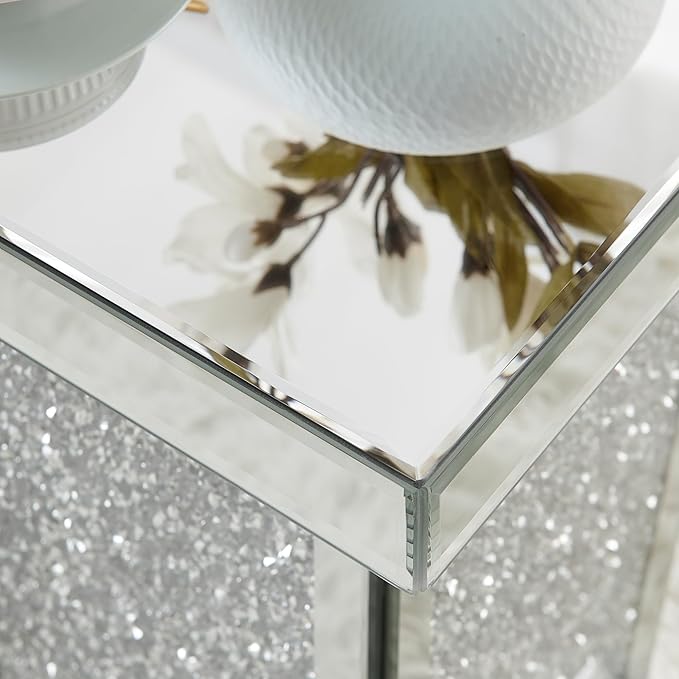 Silver Mirrored End Table with Crystal, Modern Side Accent Table, Square Small - Image 6