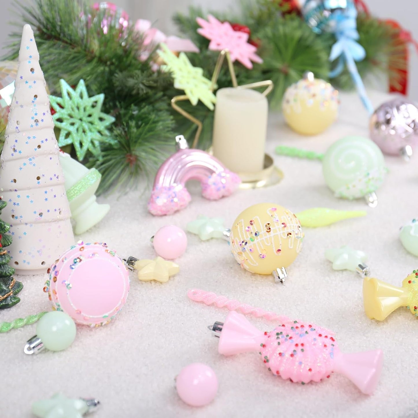 RoseCraft Christmas Ball Ornaments Set, 45 Pack Macaroon Plastic Shatterproof Christmas Tree Hanging Decorations, for Home Wedding Holiday Xmas Party Decor.