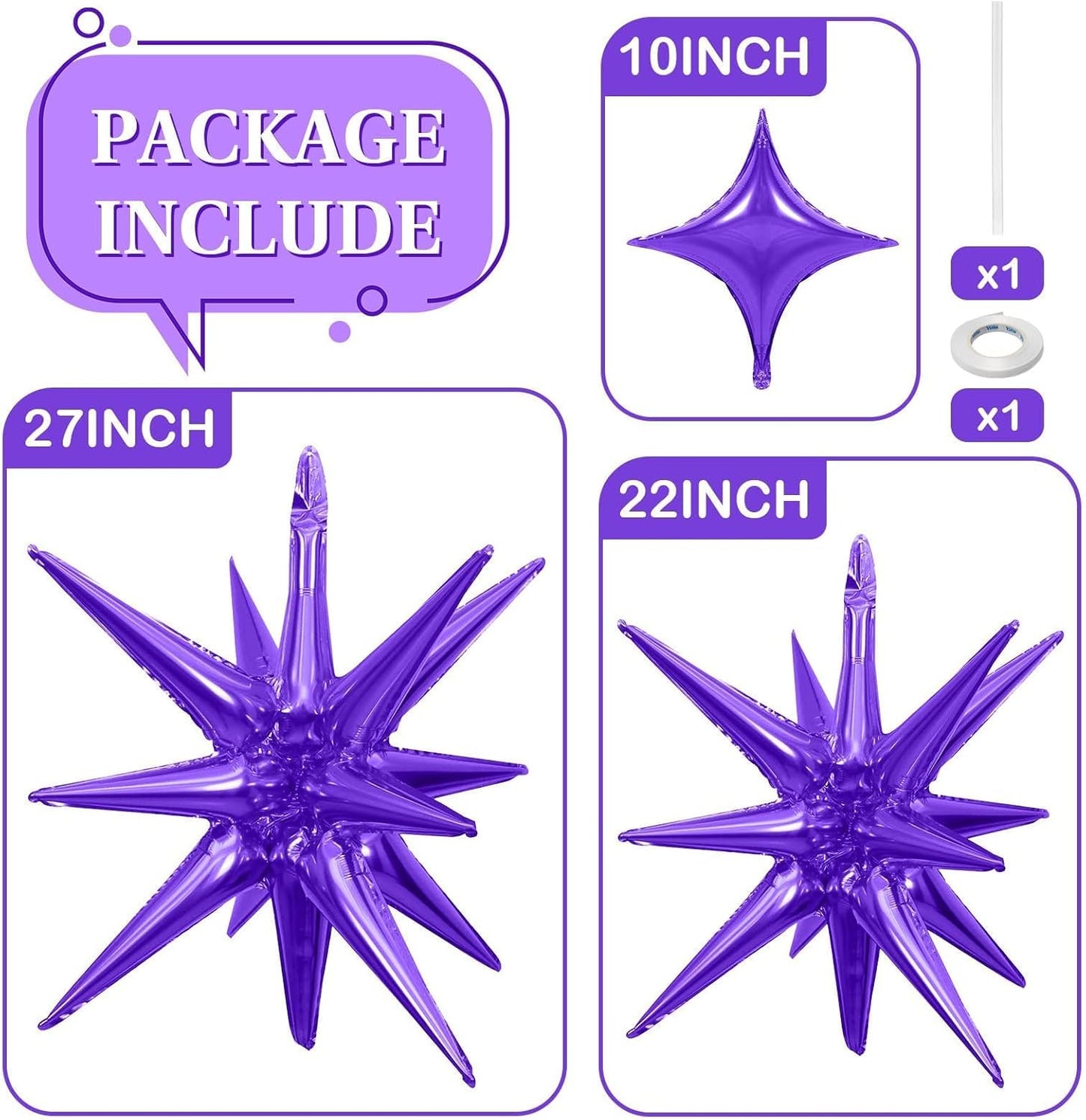 Purple Star Balloons 12pcs, 27/22 Inch Foil Star Explosion Balloons, Large Spike Mylar Cone Balloon, Fireworks Shape Balloon Party Decor for Wedding Graduation Birthday Halloween