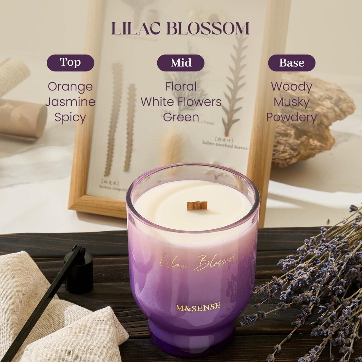 M&SENSE 16.6oz Natural Soy Large Jar Candle with Wooden Wick | Lilac Blossom Scent | 95-Hour Burn & Long-Lasting Burn | Housewarming Gift for Men and Women
