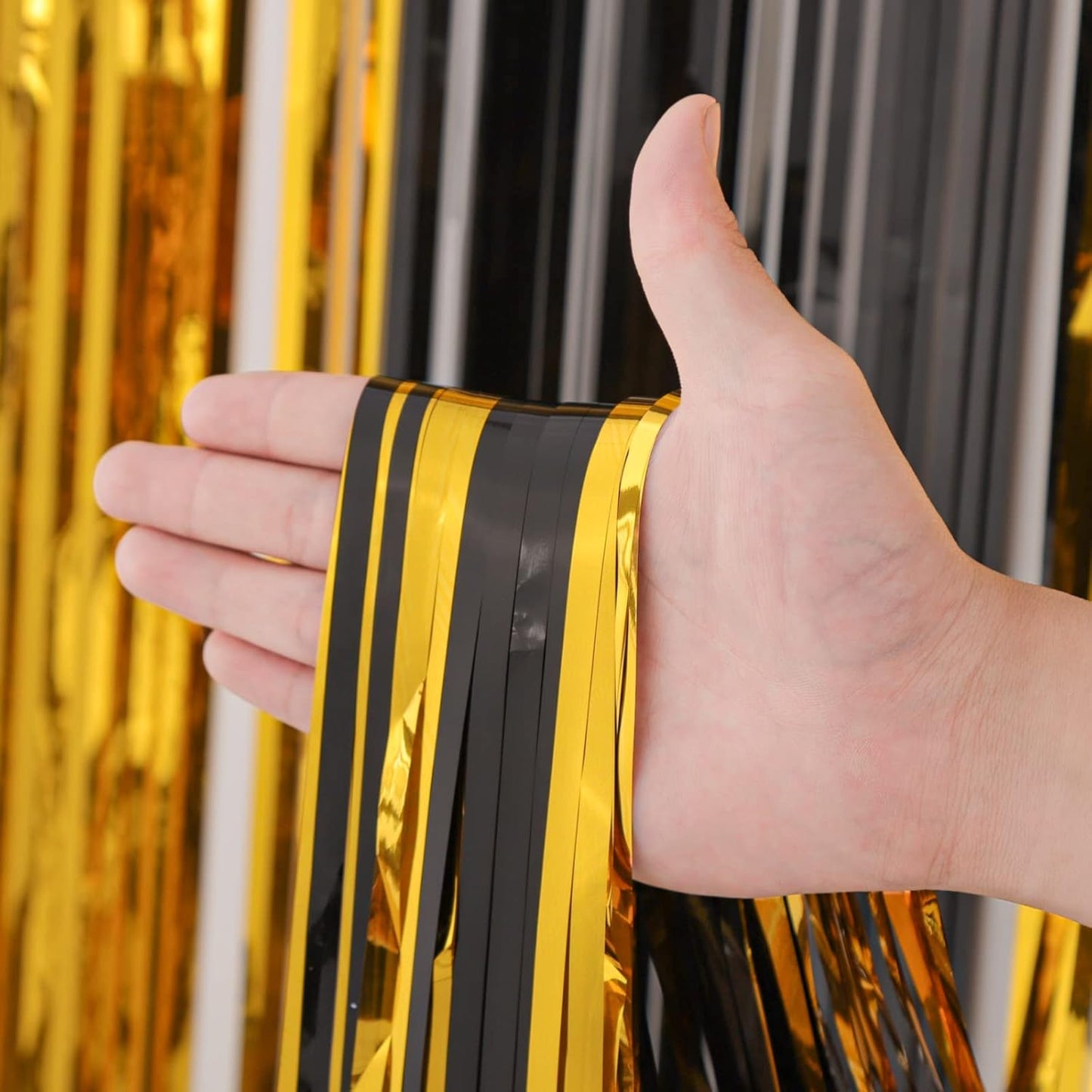 4 Pack Black and Gold Foil Fringe Backdrop Curtains, Tinsel Streamers Birthday Party Decorations, Fringe Backdrop for Graduation, Baby Shower, Gender Reveal, Disco Party