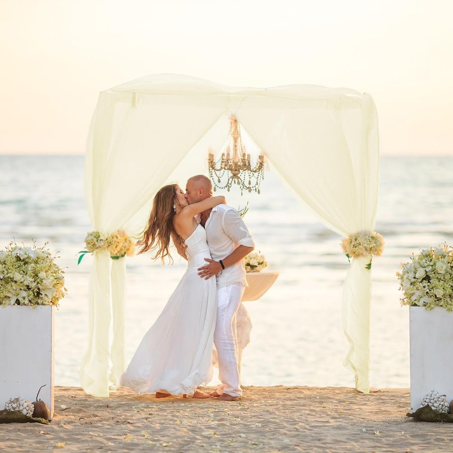 VOK Wedding Arch Draping Fabric Chiffon Fabric, 29in x 18Ft 2 Panels Sheer Chiffon Outdoor Curtain for Wedding Ceremony Birthday Party Decoration (Light Yellow,2 Panel)