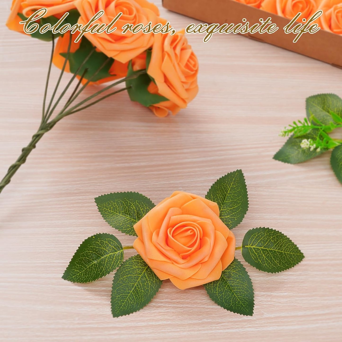 BLEUM CADE 36Pcs Artificial Flowers Fake Roses with Stems, Orange Boxed Foam Roses for DIY Bouquets Centerpieces Wedding Party Arrangement Bridal Shower Decor