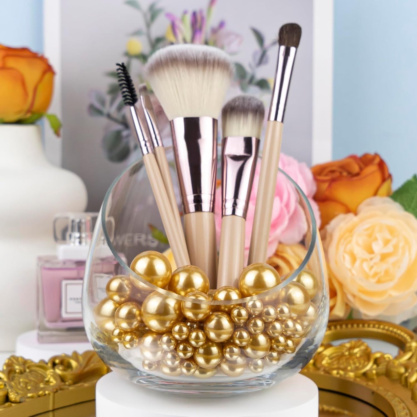 300Pcs Gold Polished No Hole Faux Pearl Beads for Vase Filling Decorations, Plastic Pearls Vase Fillers, Table Scatters, Wedding Centerpiece, Home Decor, 8/14/20 mm