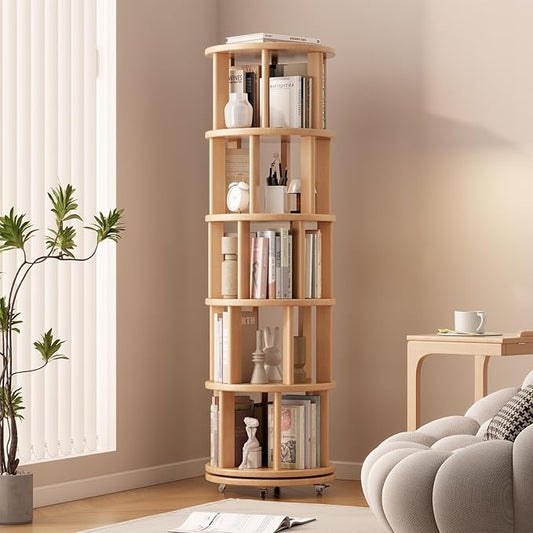 Muwuele Solid Wood Rotating Bookshelf on Wheels, 5 Tier, Round Revolving by Muwuele
