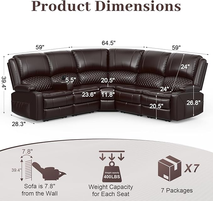 Yolsali Home Theater Seating Reclining Sectional Sofa, 5 Seats Soft Leather - Image 2