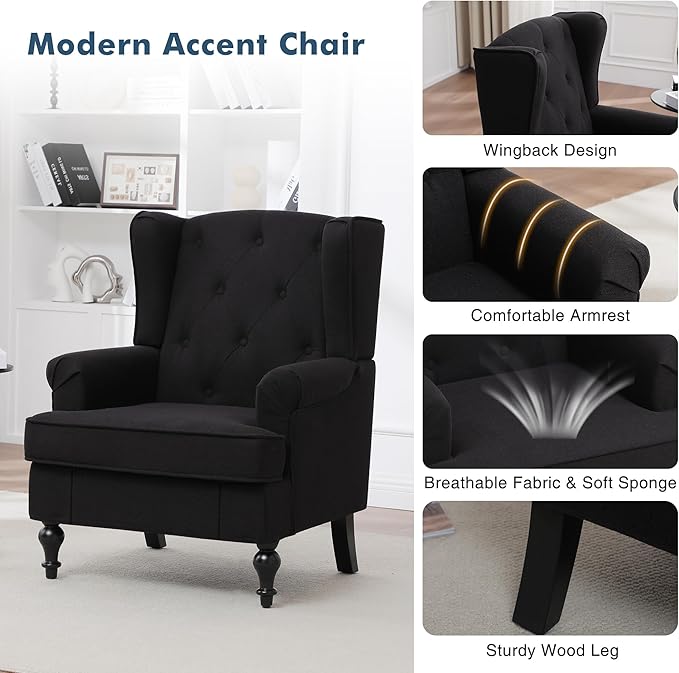 Accent Chair for Living Room, Mid Century Modern Upholstered Armchair, Wingback - Image 5