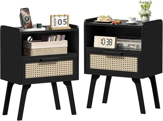 Lerliuo Rattan Nightstands Set of 2, Bedside Table by Lerliuo