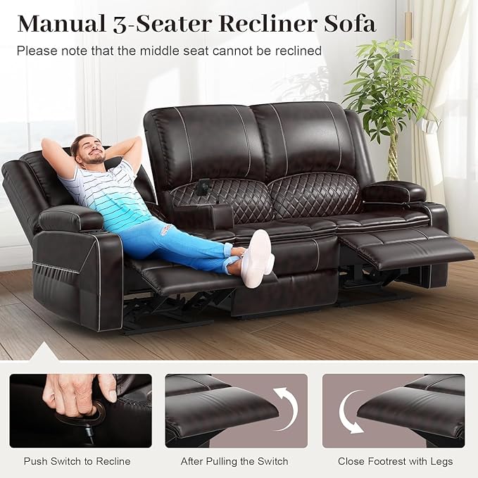 Yolsali 3-Seater Recliner Sofa, Manual Reclining Couch - Image 8
