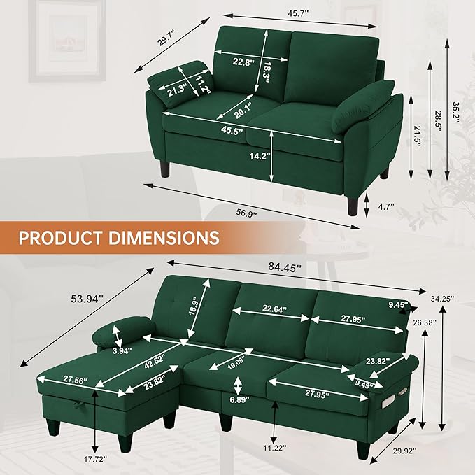 84" Convertible Sectional Sofa Set, 3 Seat L Shaped Couch - Image 2