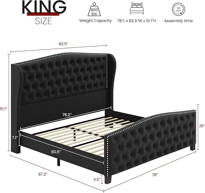 BRELTAM Upholstered King Size Bed Frame Velvet Black Tufted Platform Bed Frame - Image 2