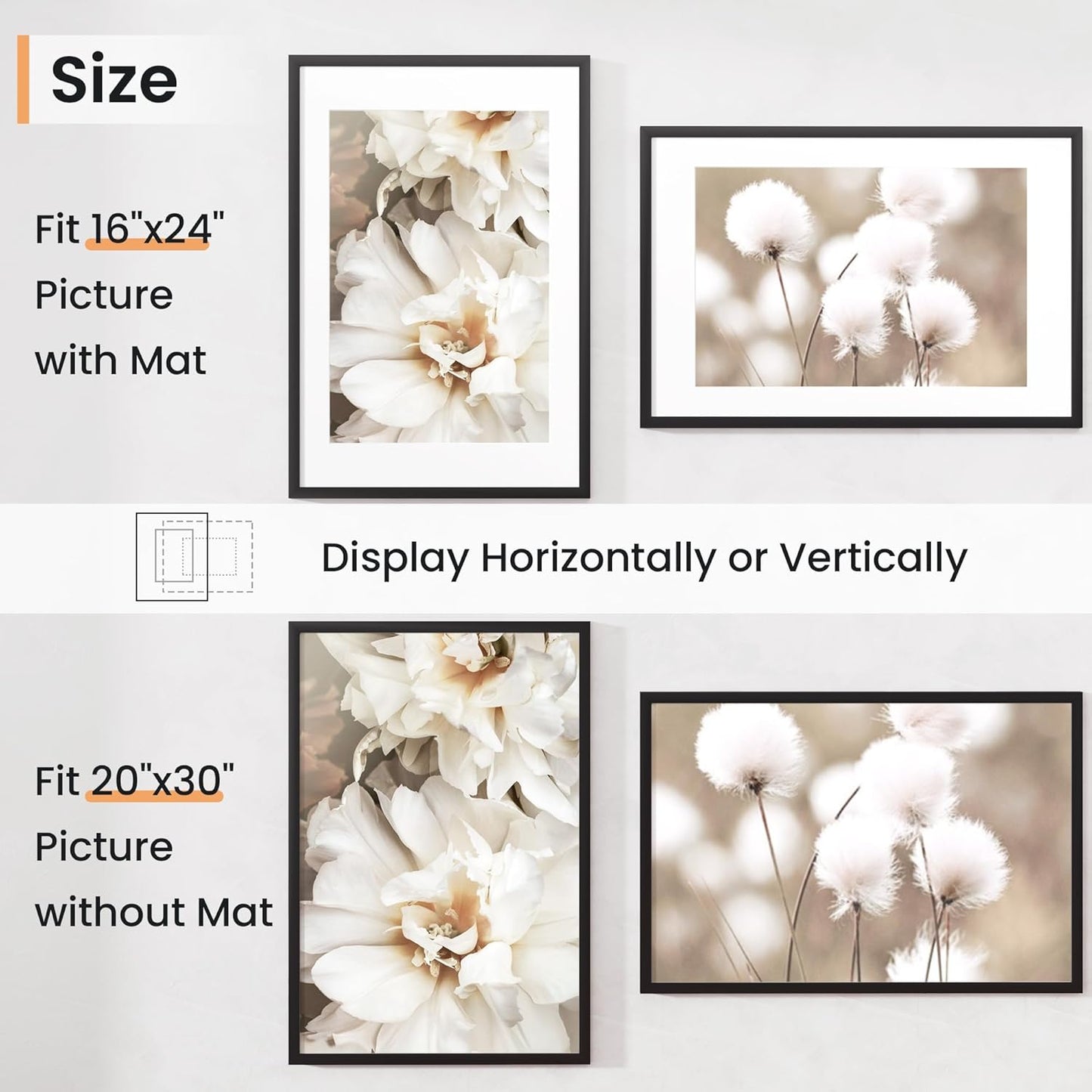 20x30 inch Picture Frame, 20x30 Photo Frames with 16x24 Removable Mat - High Definition Plexiglass - Vertical and Horizontal Display - Wall Hanging Poster Frame - Black, 5 Pack