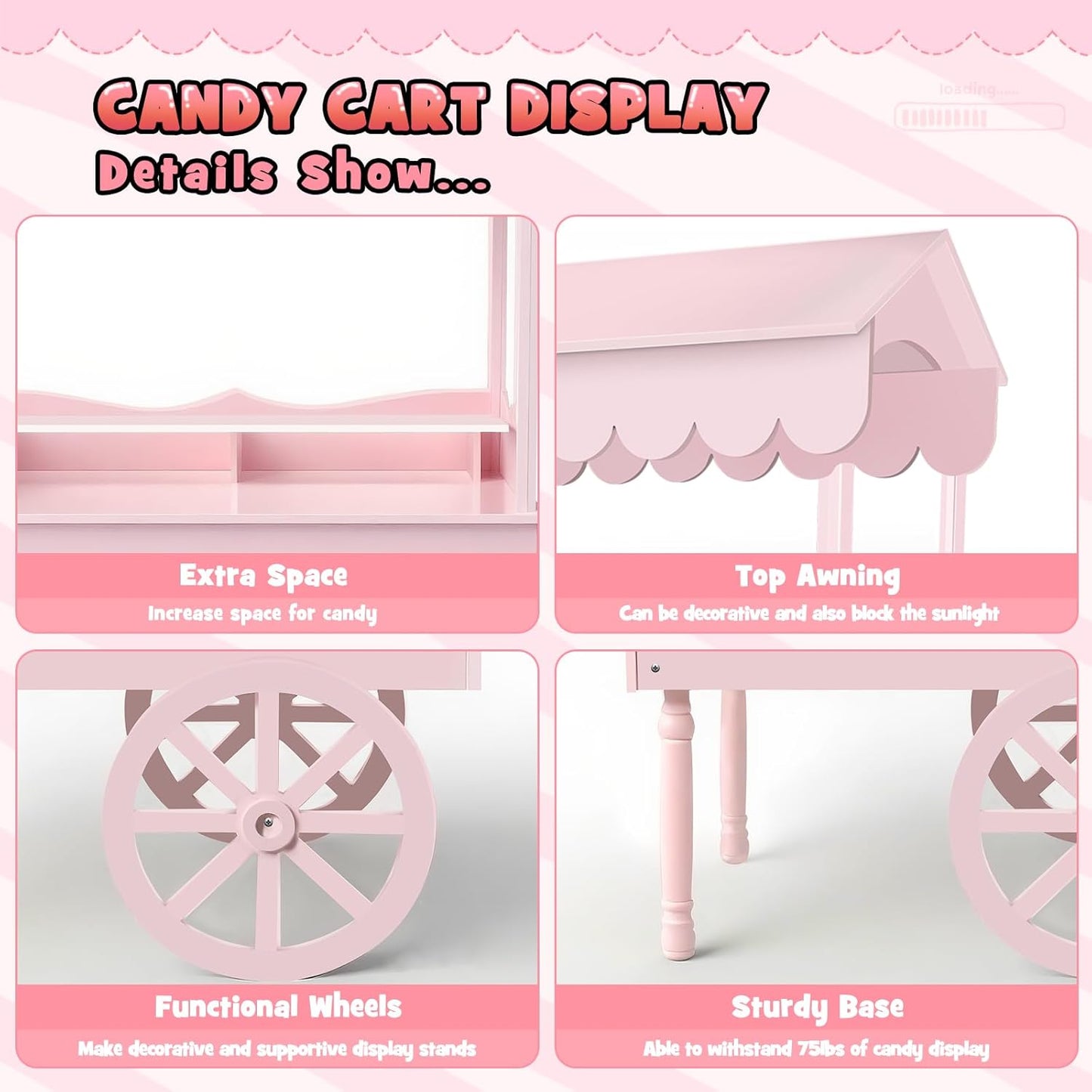 7FT Candy Cart Display Stand with Decorated Wheels, Dessert and Party Decoration Cart with 100 Ballons, Easy to Install Vintage for Parties, Birthdays, Weddings, (pink)