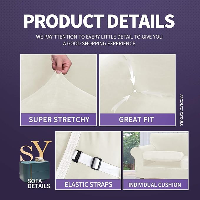 ZNSAYOTX Oversized Velvet Couch Cover 4 Piece Stretch Sofa Covers - Image 4