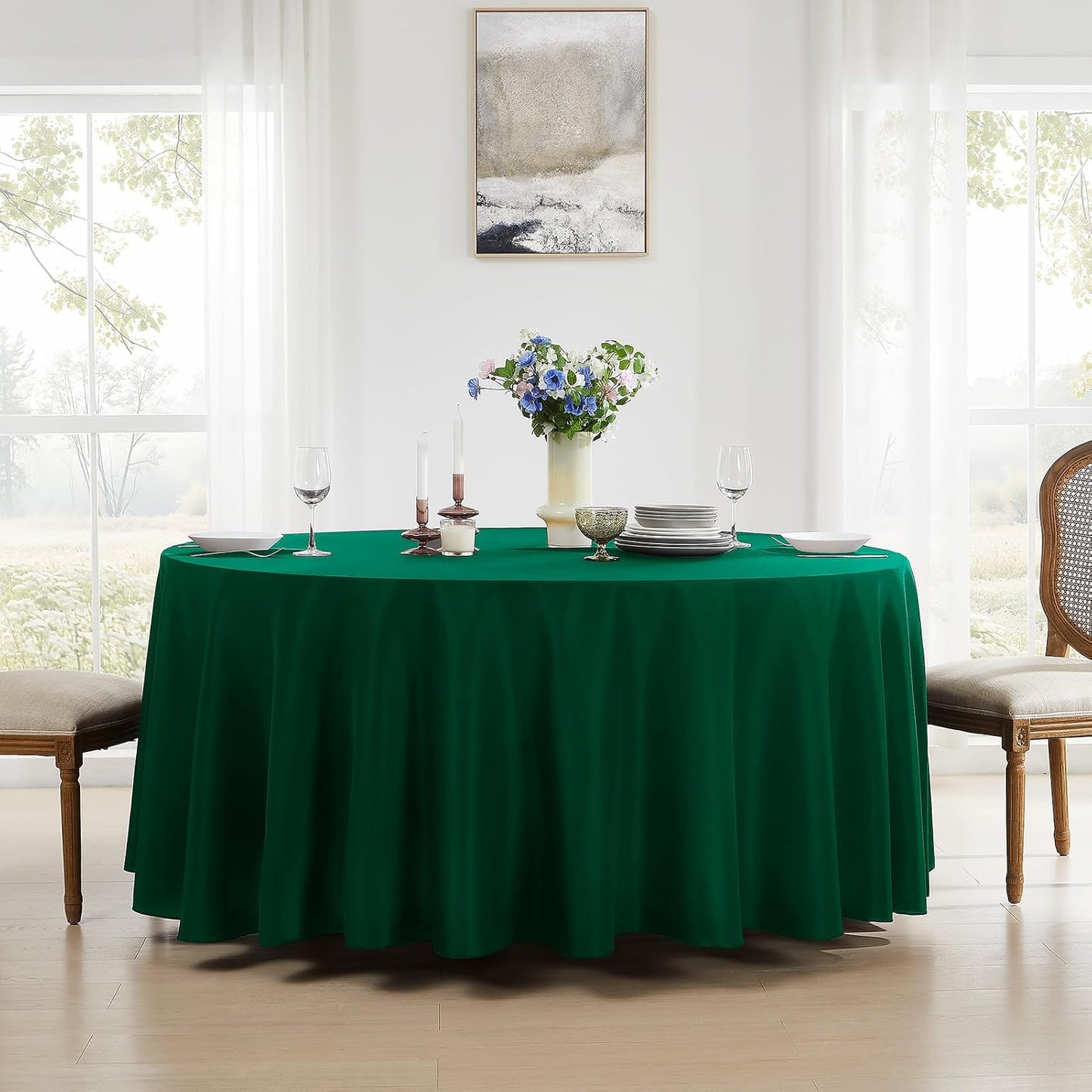 Round Tablecloth 2 Pack 108 Inch Dark Green Tablecloths Washable Decorative Linen Polyester Table Clothes Cover for Dining Table Banquets Buffet Parties and Wedding