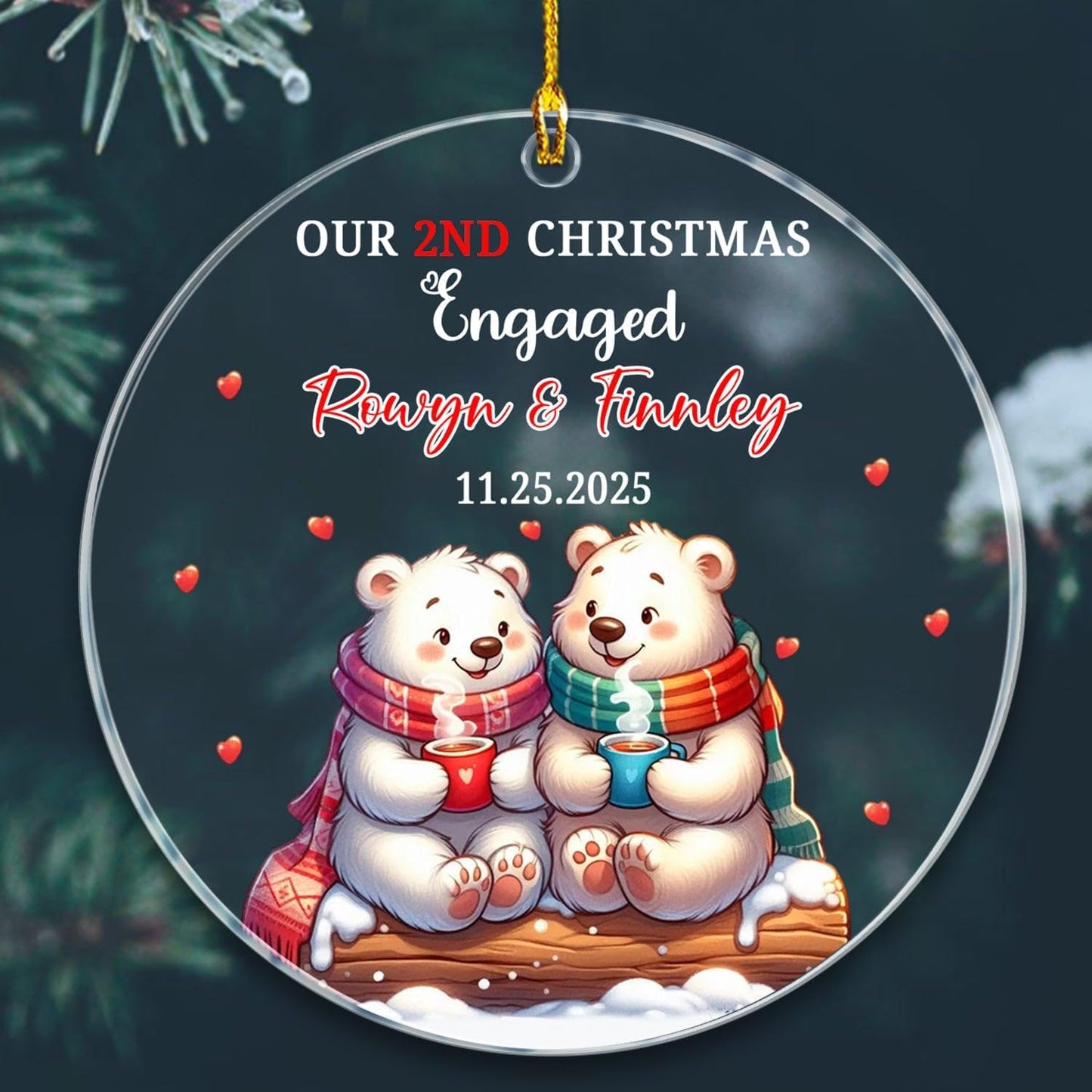 Customized Our 2ND Christmas Engaged Ornaments, Couple Polar Bear Together Ornament Gift for Engagement Anniversary, Personalized Date Name Mr & Mrs Engaged Christmas Ornament Gift for Friends Bestie