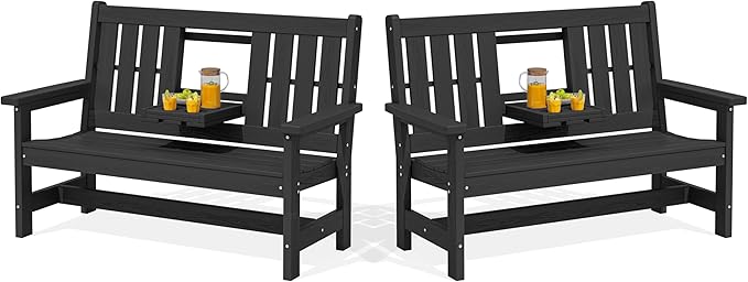 SERWALL Outdoor Bench with Cup Holder, Oversized 58" HDPE Porch Bench Suitable by SERWALL