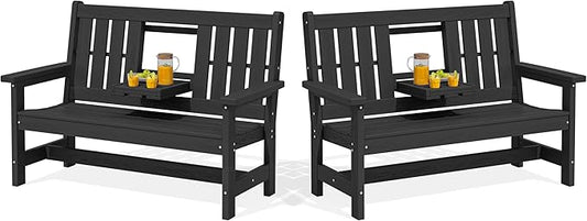 SERWALL Outdoor Bench with Cup Holder, Oversized 58" HDPE Porch Bench Suitable by SERWALL