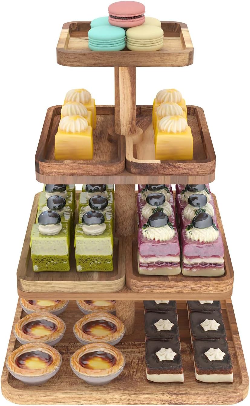 Acacia Wood 4 Tier Cupcake Stand with 4 Removable Snack Tray, Rustic Square Cup Cake Tower Stand for 50 Cupcakes, Display Cakestand for Wedding, Birthday, Serving Tea Party, Natural