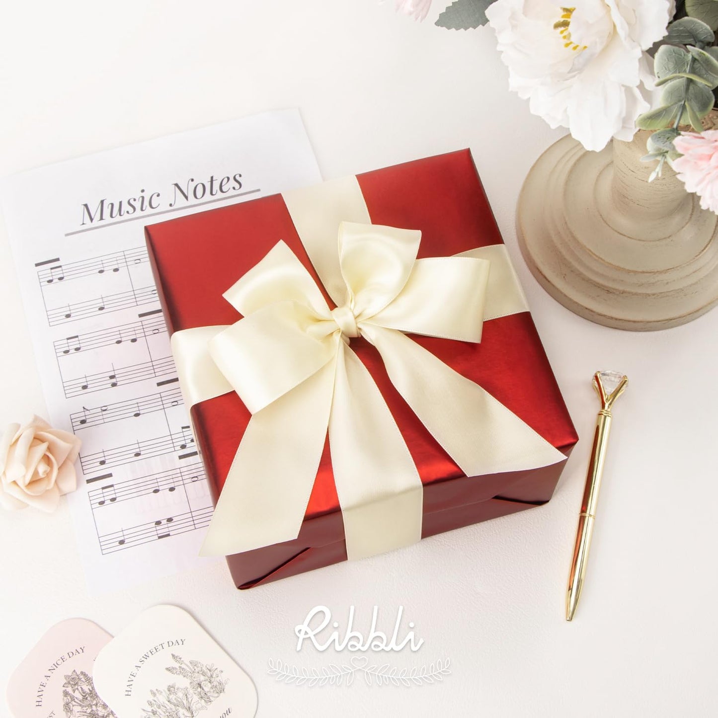 Ribbli Ivory Double Faced Satin Ribbon,1-1/2” x Continuous 25 Yards,Use for Bows Bouquet,Gift Wrapping,Floral Arrangement,Wedding Decoration