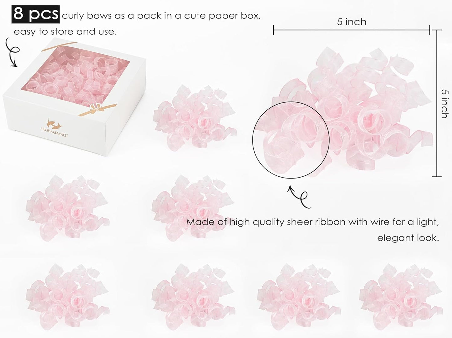 HUIHUANG Pink Bows for Gift Wrapping Pink Curly Gift Bows 5 inch x 8 Counts Self-Adhesive Curly Ribbon Bow for Presents, Paper Bag, Baby Shower Favors, Wrapping Accessories, Party Decor