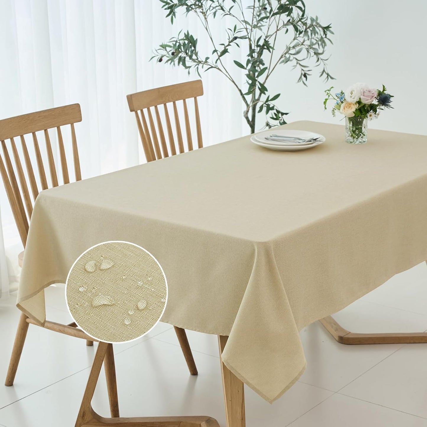 maxmill Square Linen Textured Tablecloth Waterproof Spillproof Wrinkle Free Soft Slubby Textured Table Cloth for Dinner and Party Washable Wipeable Fabric Table Cover Decoration, 60 x 60 Inch, Beige