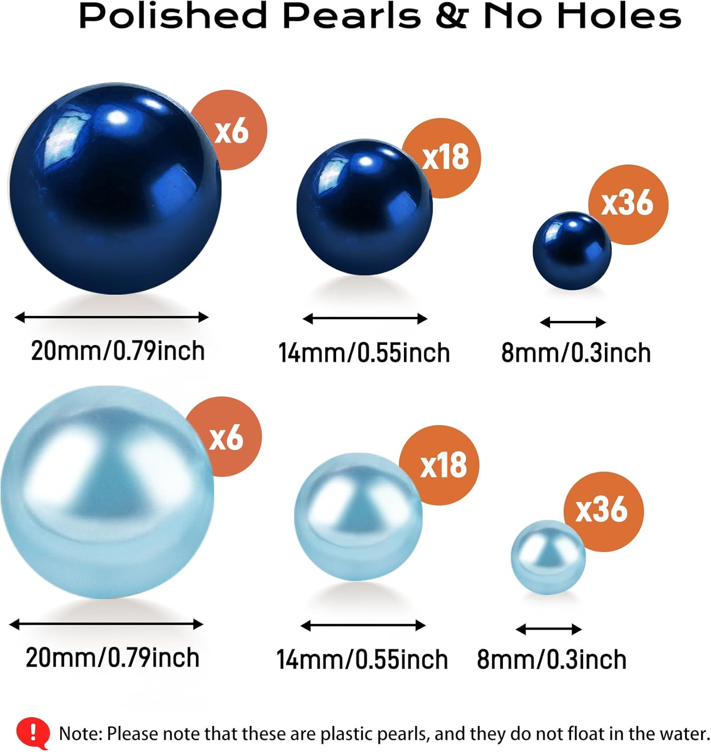 120 PCS 8/14/20mm No Hole Polish Pearl Beads for Centerpiece, Navy Blue & Light Blue Beads Decorative Vase Fillers, Plastics Pearls for Vases, Table Scatters, Wedding Party Decor