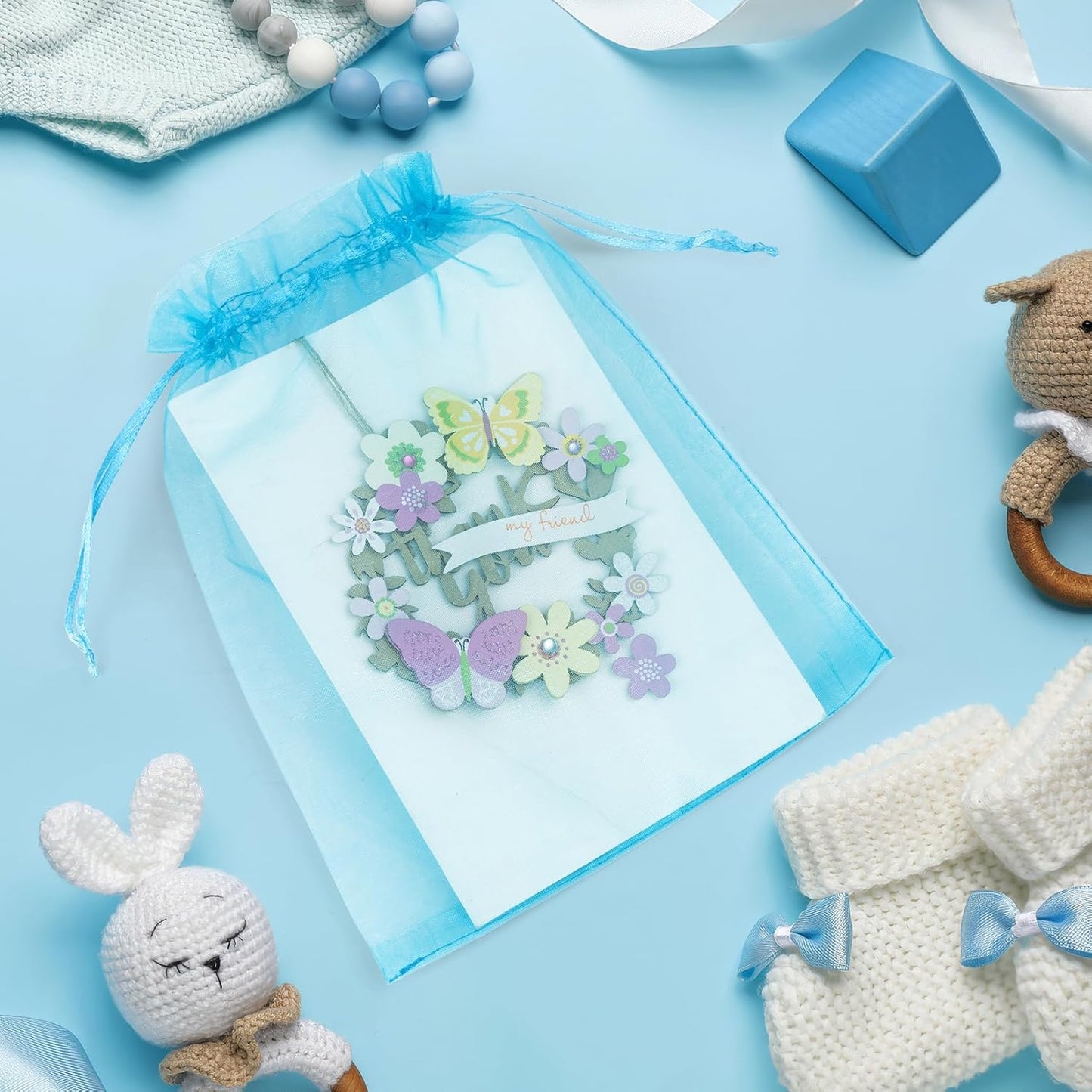 ANZNKU 50 Pack Organza Bags 6x9 Inch, Mesh Bag Drawstring Large Organza Gift Bags for Baby Shower, Party Favors(Lake Blue)