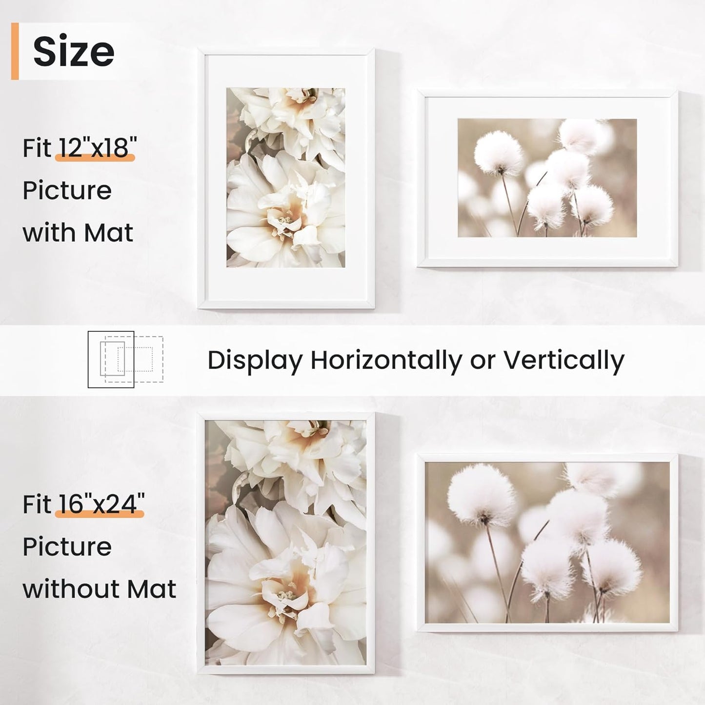 16x24 inch Picture Frame, 16x24 Photo Frames with 12x18 Removable Mat - High Definition Plexiglass - Vertical and Horizontal Display - Wall Hanging Poster Frame - White, 5 Pack