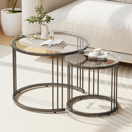 Garden 4 you Nesting Coffee Table, 23.6" Round Coffee Table Set of 2, Glass by Garden4you