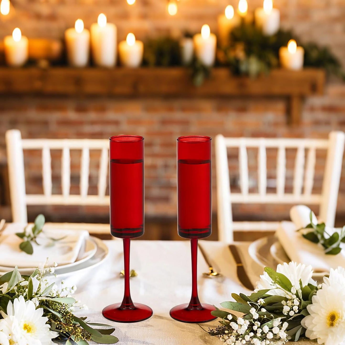 6 Pieces Red Champagne Flutes 6 OZ Straight Sided Wine Glasses Champagne Long Stem Drinking Colored Glasses,Set of 6 Hand Blown Champagne Flutes Goblets for Wedding Cocktail Cups,Cava, Prosecco