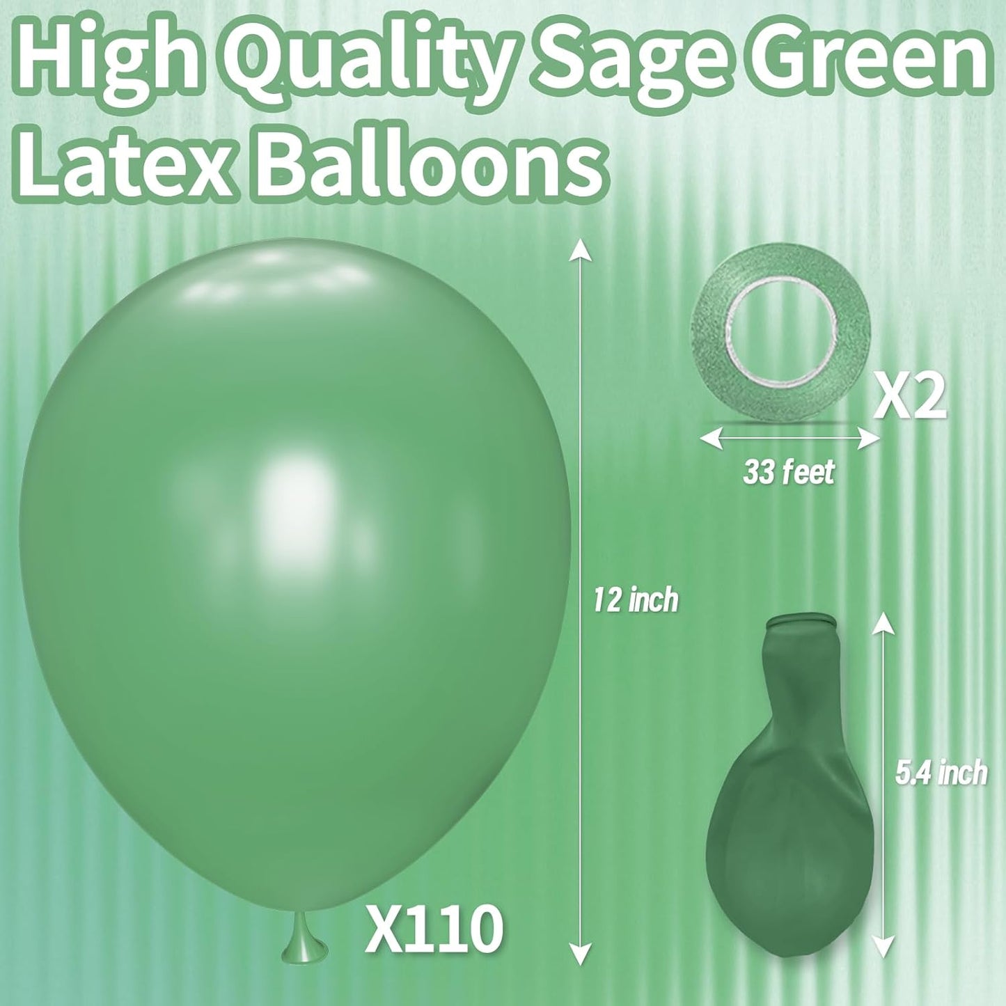 KAWKALSH Sage Green Balloon 12 Inch, 110pcs Latex Party Balloons Helium Bright Color for Birthday Baby Shower Wedding Party Supplies Arch Garland Decoration