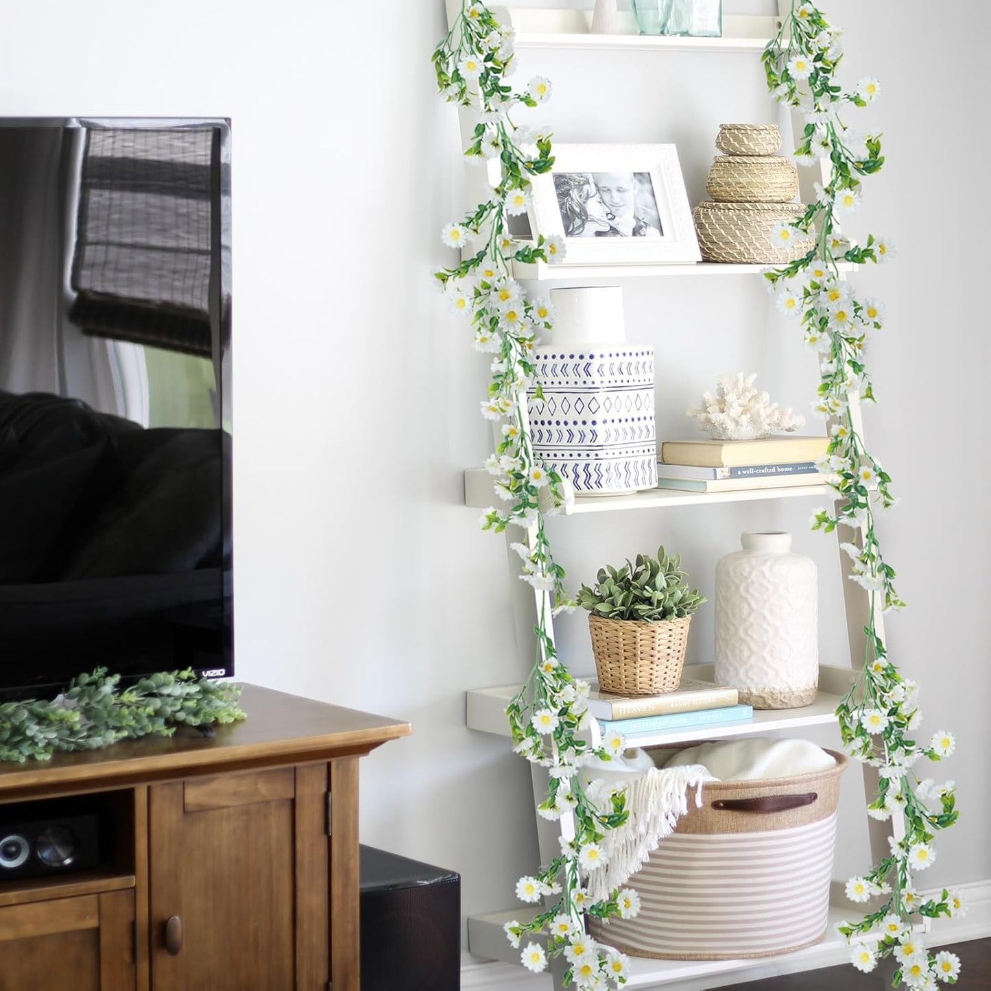 2 Pack White Flower Garland Artificial Daisy Silk Wildflower Hanging Flowers Fake Floral Vines Garland for Table Decoration Backdrop Wall Home Party Wedding Indoor Outdoor DIY Cemetery Decor