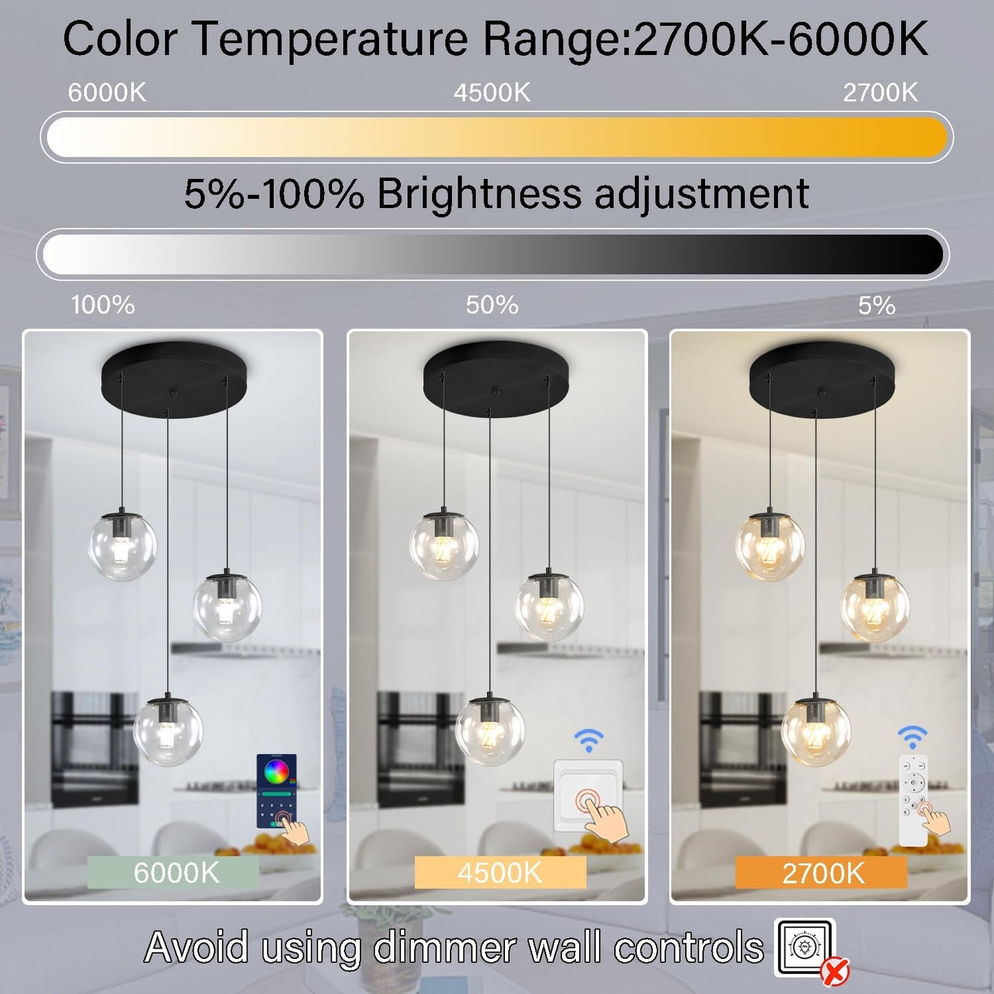 Globe Glass Pendant Light Modern Black Clear Globe Glass Chandelier Mid Century Chandelier 3-Light Hanging Fixture for Kitchen Island Foyer Hallway Dining Room