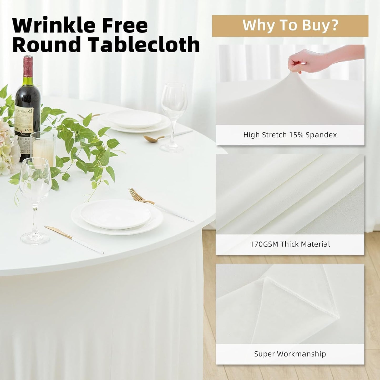 2 Pack Ivory Spandex Round Tablecloths for 60 inch Tables, Wrinkle Free Stretchy Fitted 120inch Round Table Covers 5FT with Ruffle Table Skirt for Wedding Party Dining Banquet Dinning