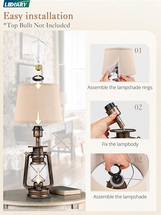LEDIARY 18.72" Black Gold Vintage Lantern Flickering Flame Table Lamps - Image 6