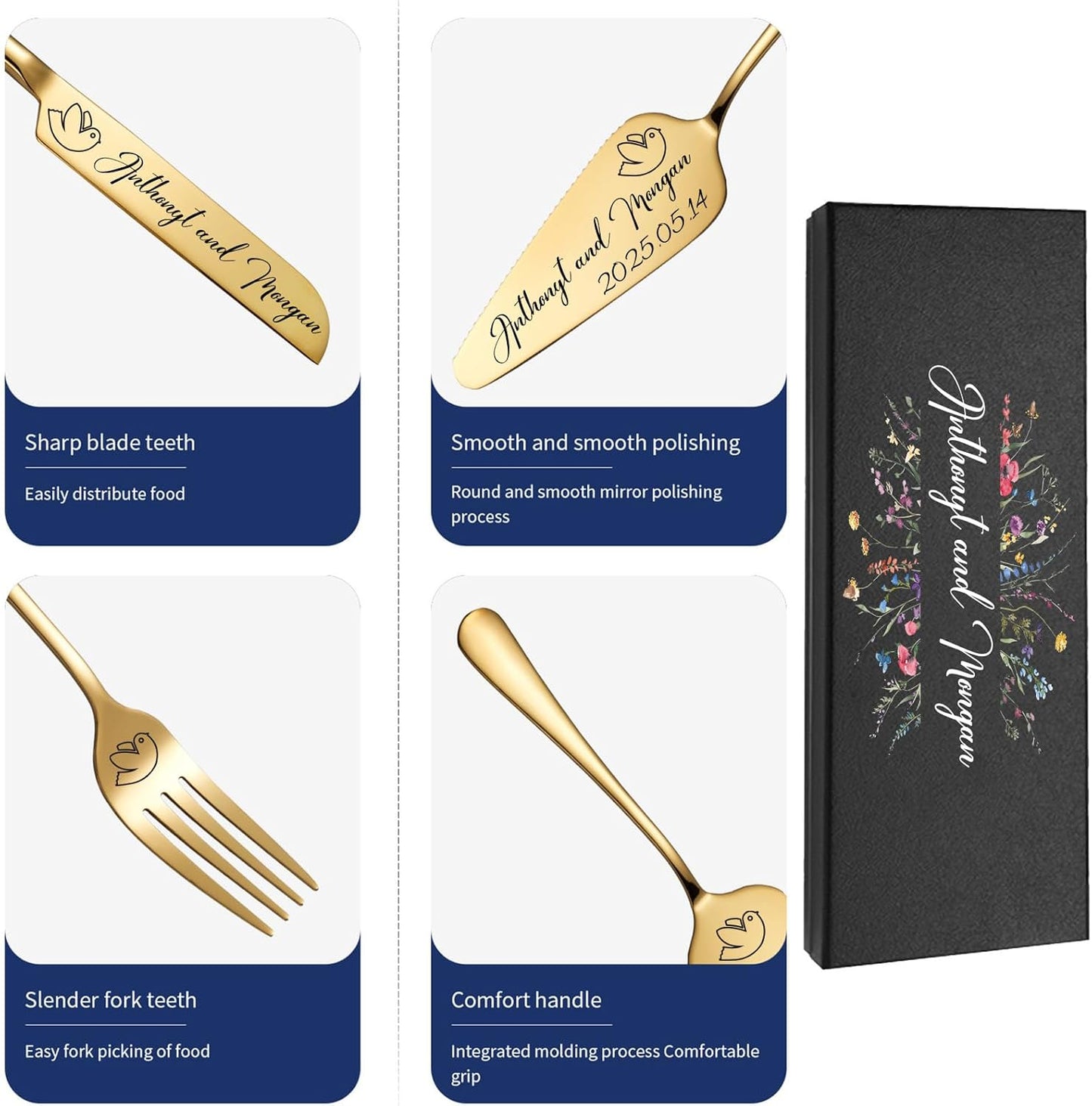 Personalized Wedding Cake Knife and Server Set, Custom Gold/Silver Cake Cutting Set for Wedding, 4 Pieces Set with Forks for Engagements, Anniversaries, Bride and Groom (Silver)