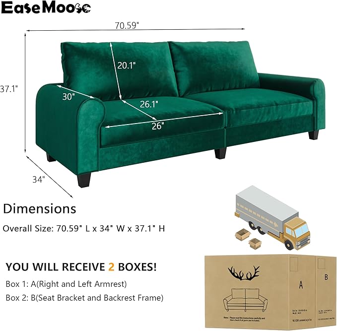 EASE MOOSE 70.6" Velvet Loveseat Sofa, Soft Deep Seat Couches - Image 2
