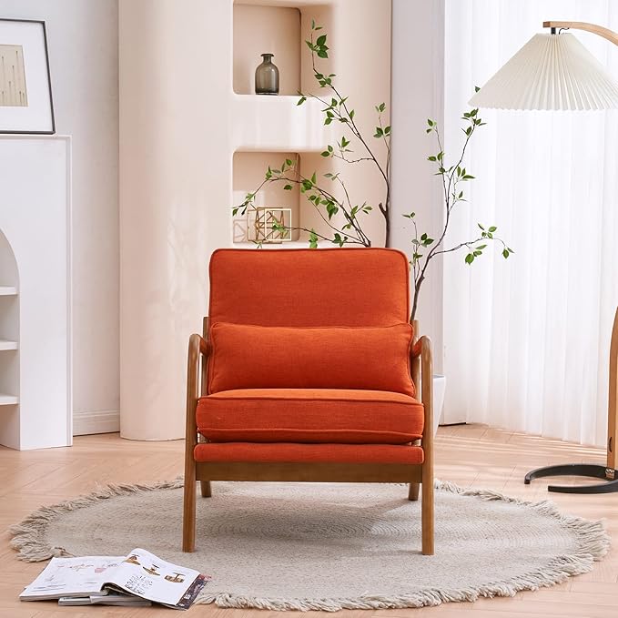 VINGLI Linen Burnt Orange Comfy Accent Chair, Mid Century Modern Lounge Armchair - Image 4
