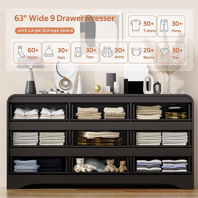 4 Piece Bedroom Set, Dresser and Nightstand Sets, Modern Wooden Large 9 Drawers - Image 2